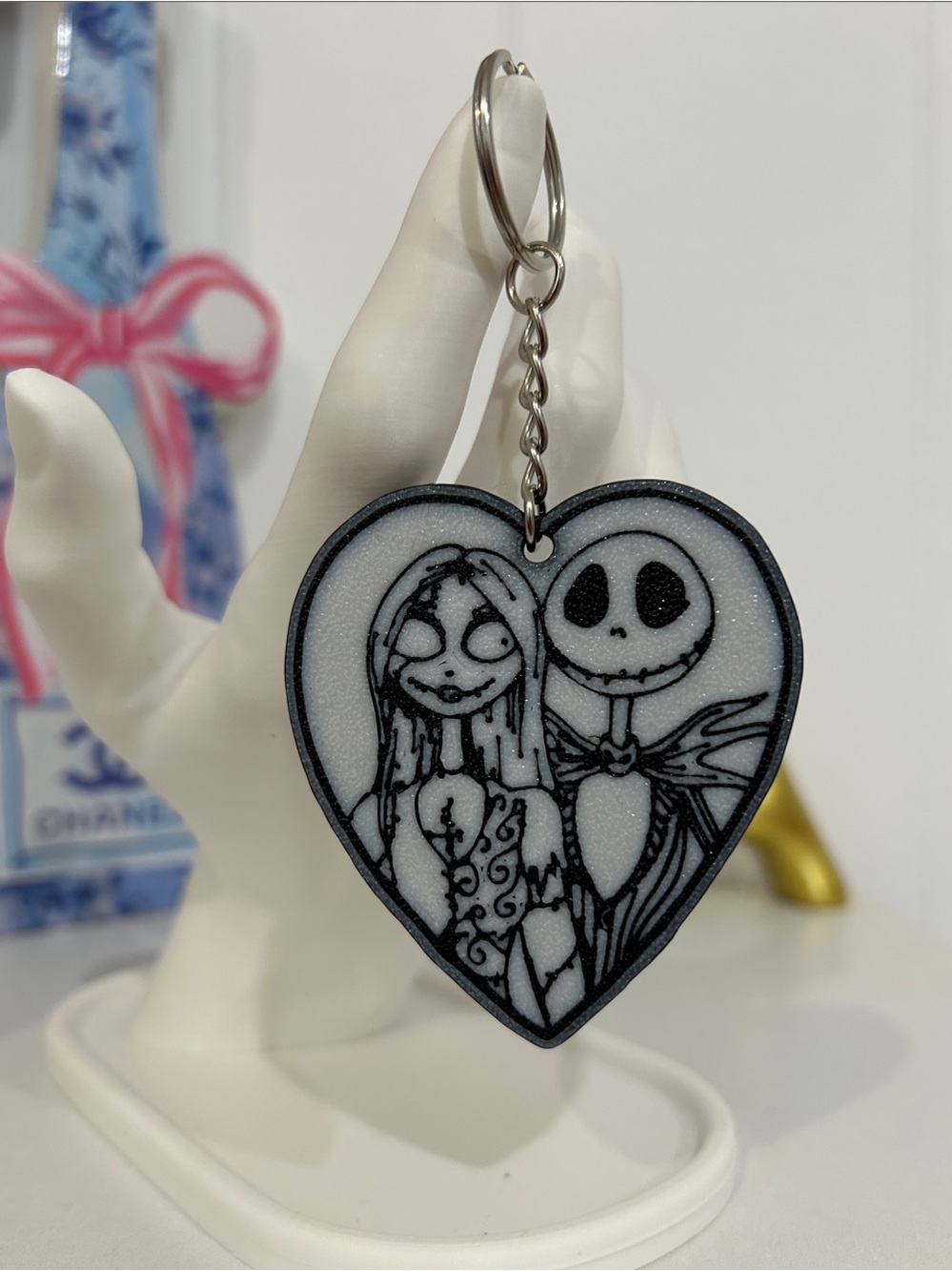 3D Printed Heart-Shaped Jack & Sally Keychain - Black and White
